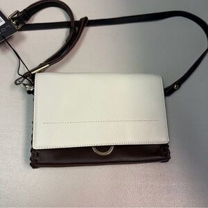 LODIS Amy Crossbody Bag White Black Brown Gold Hardware Stitching Accent